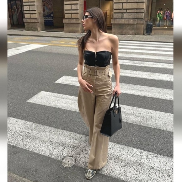 Zara Wide Leg Belted Full Length Gabardine Pants Khaki - Picture 9 of 11